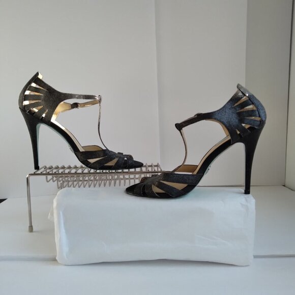 Black Suede Silver Glitter Peep Toe Cut Out Stiletto Heel TStrap Sandals Sz 9.5 - Picture 7 of 13